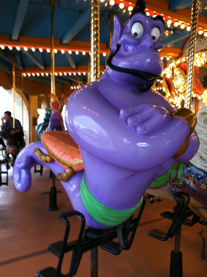 The Genie from the movie Aladdin is a character on the 2-story carousel at Tokyo Disney Sea